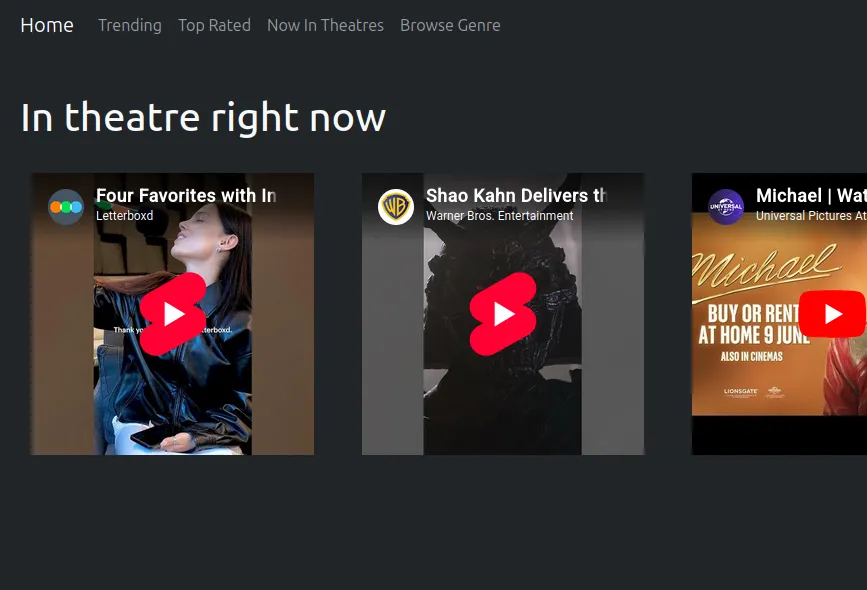A screenshot of a React movie search application displaying dynamic movie cards.